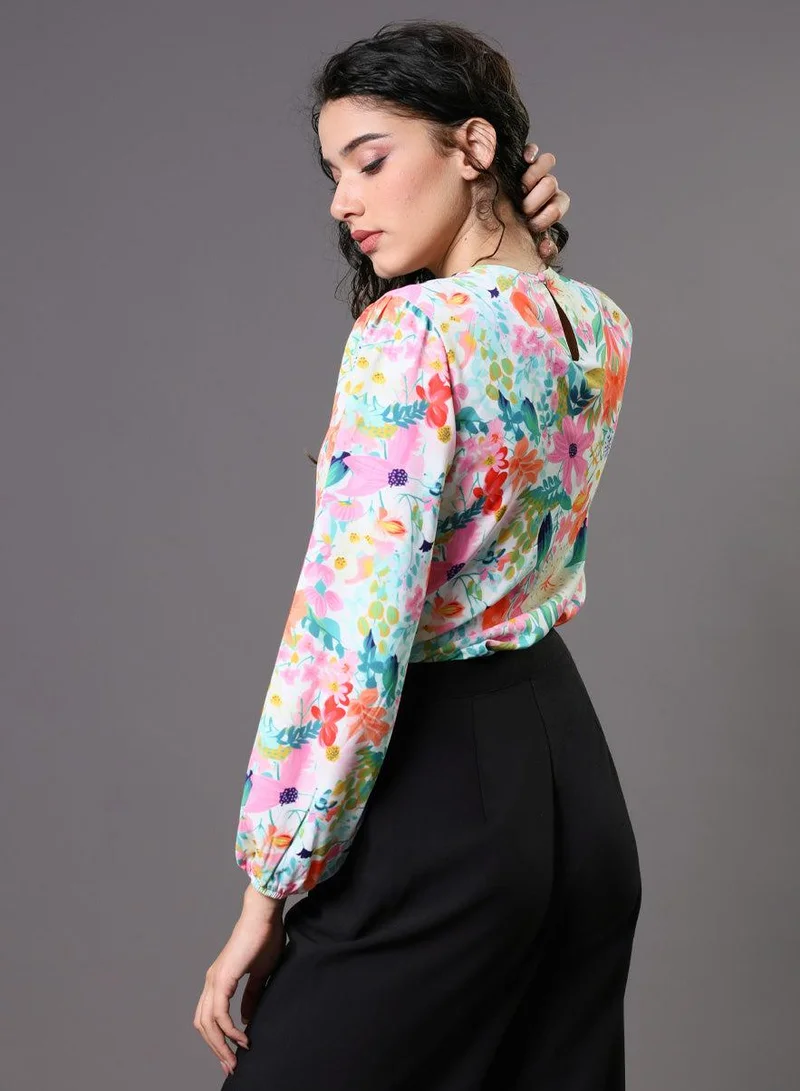 Zigzag  Multi Color Floral Elastic Sleeve Top for Women | Best Price UAE